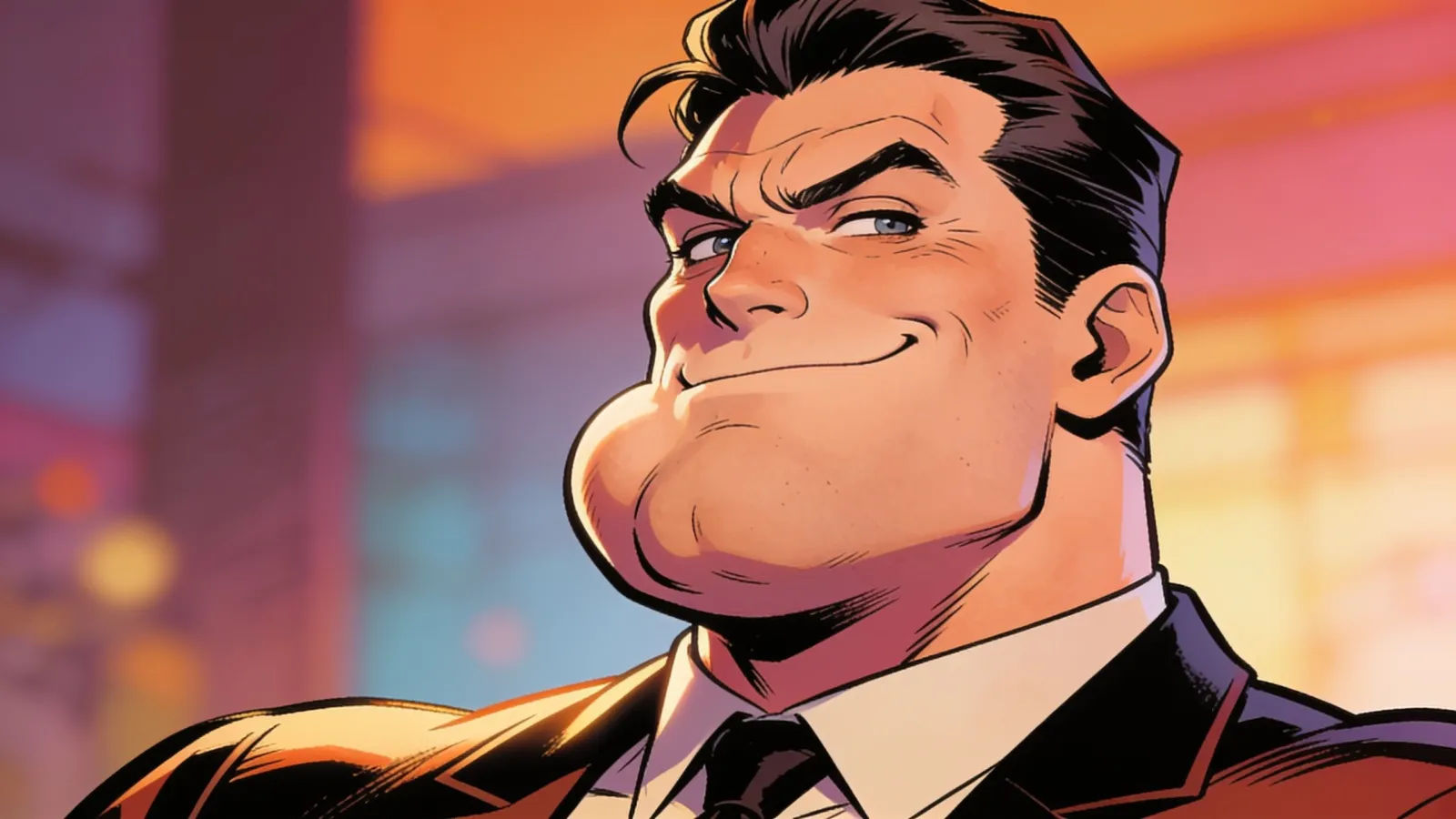 Pompous overconfident comic character, smug chin