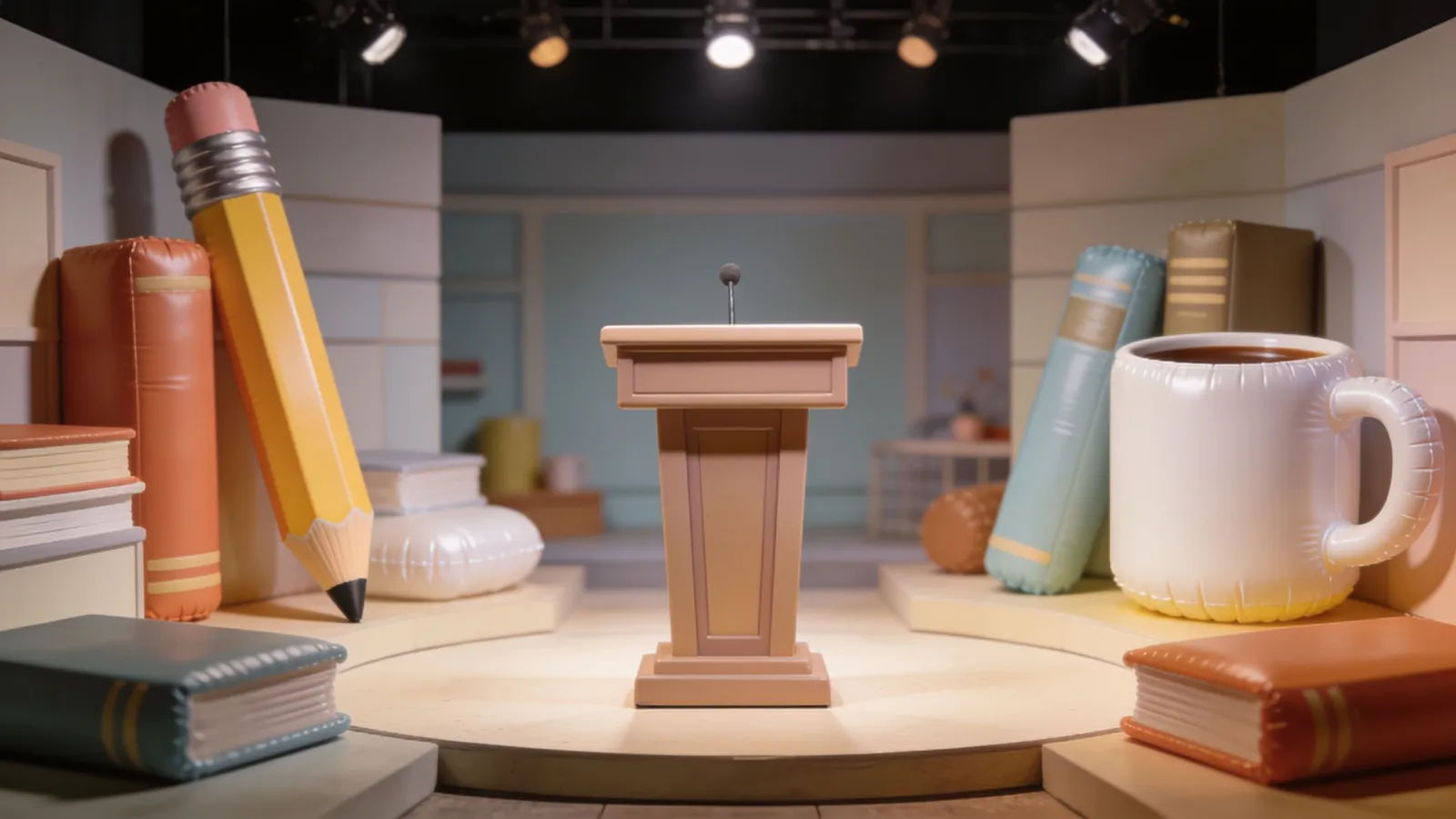 Satirical comedy sketch set with mock lectern
