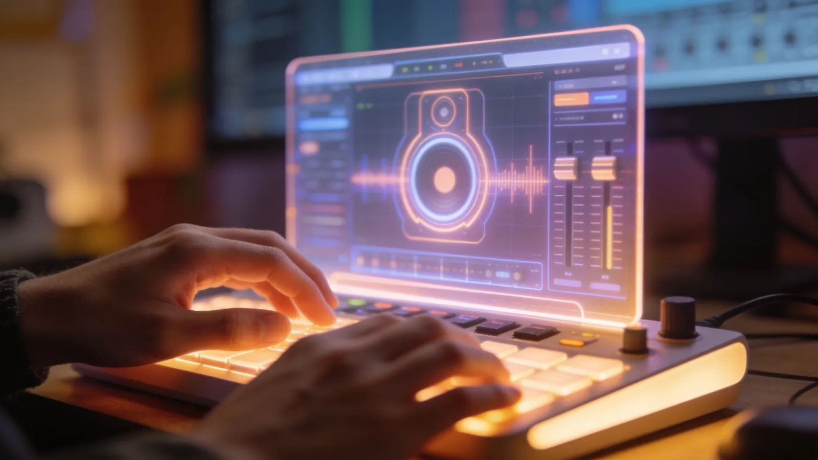 Hands at illuminated console with warm audio UI