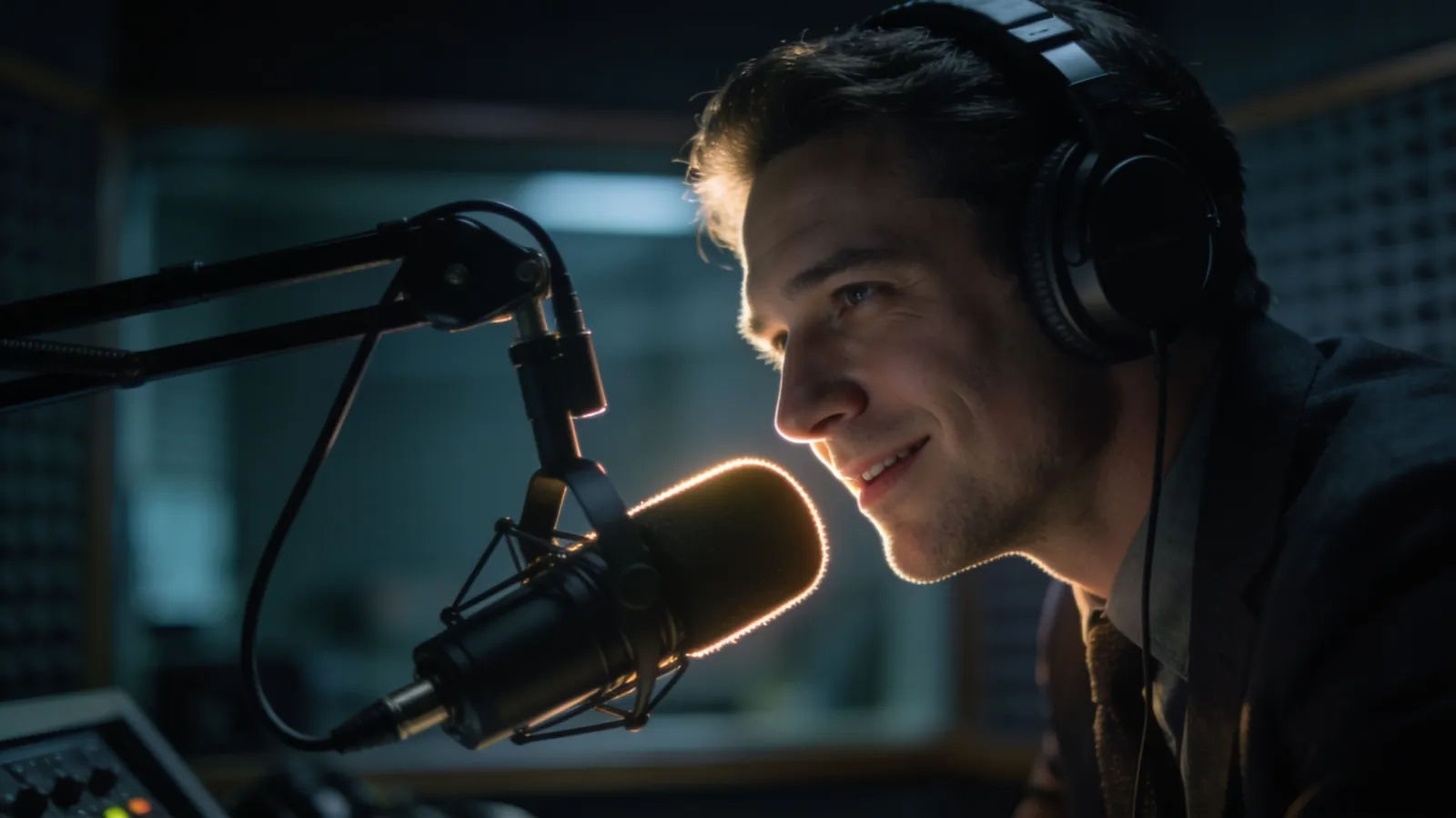 Broadcast announcer in headphones at a boom mic