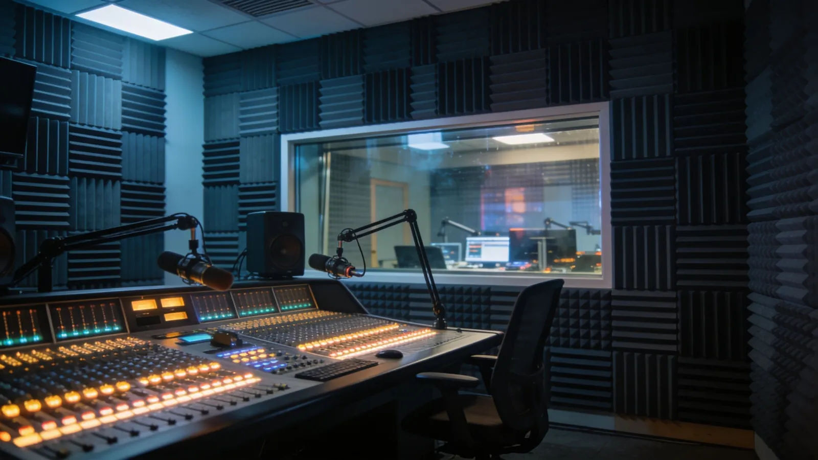 Sleek modern radio studio glowing with lights