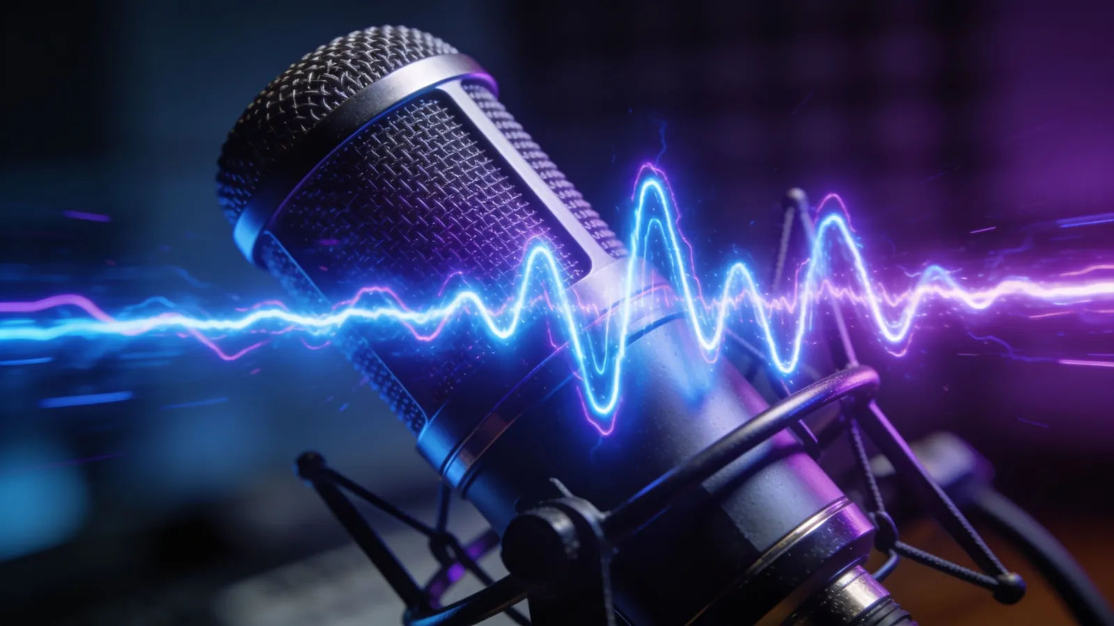 Bold punchy waveform across a studio microphone