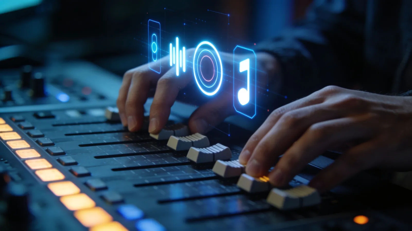 Hands on a broadcast console with glowing faders