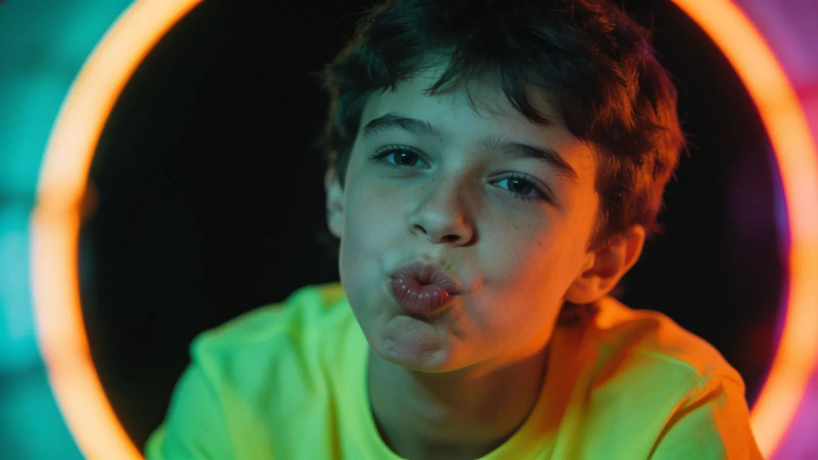 Goofy young person mid silly exaggerated pout