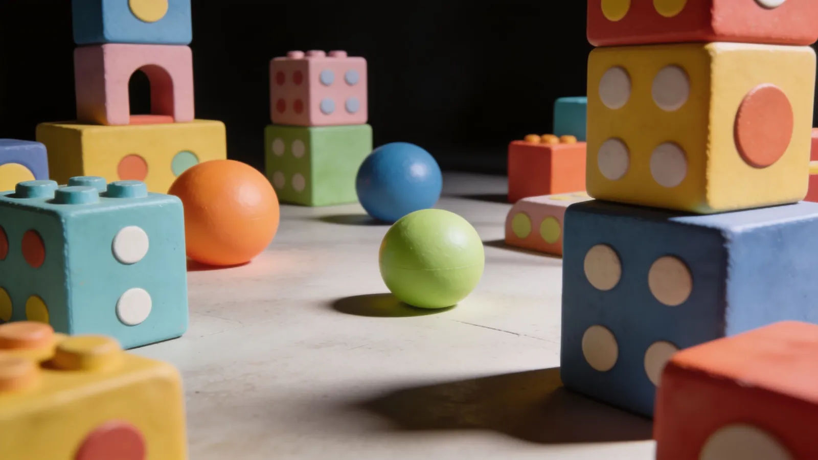Whimsical cartoon-style set with oversized toy blocks