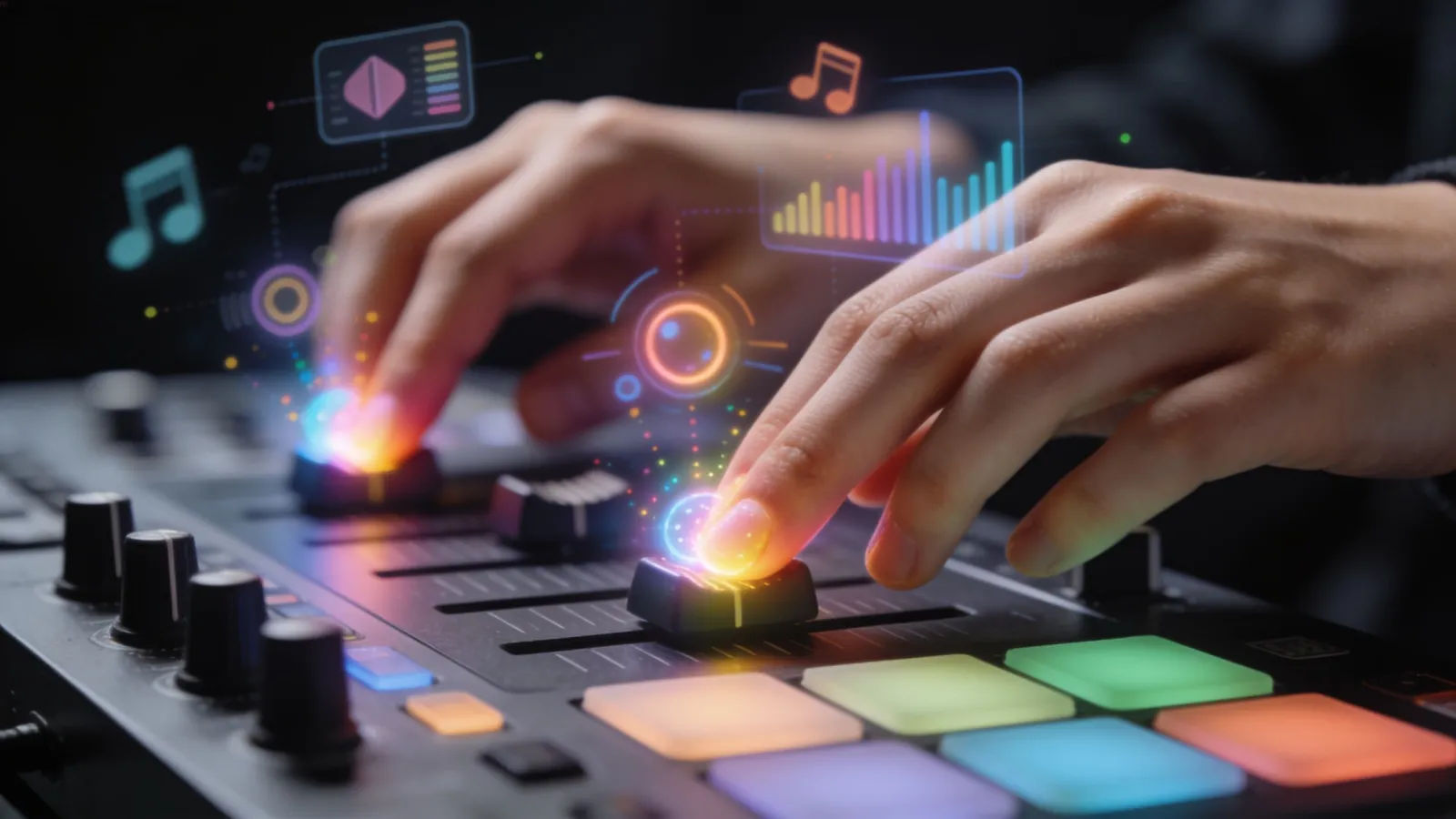 Hands at a console with playful bright UI