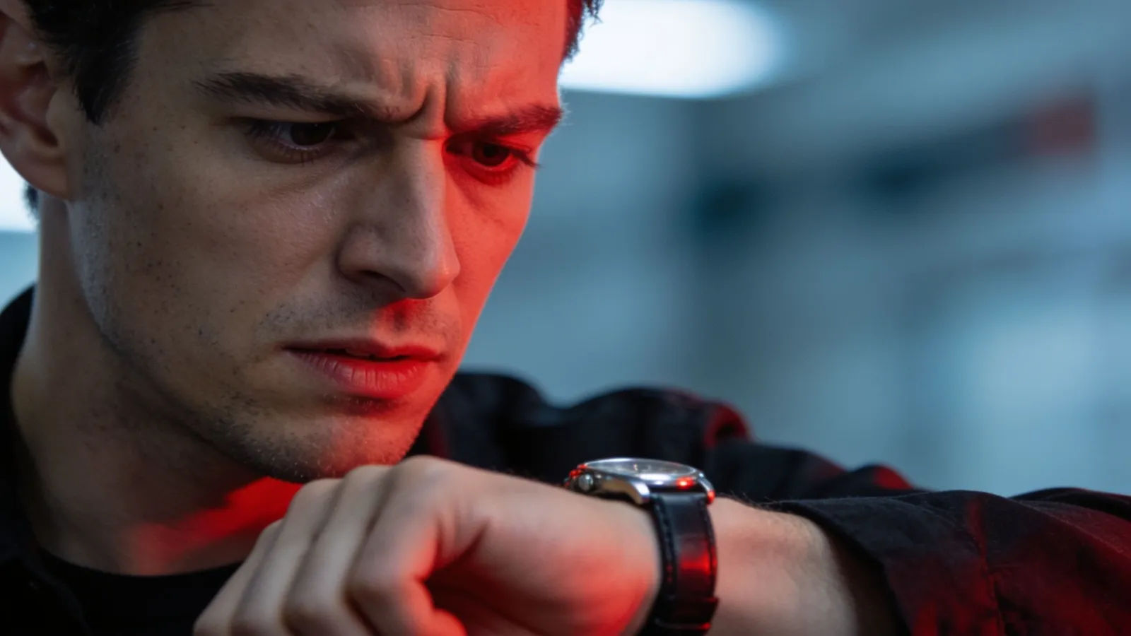 Tense person frowning, checking wrist for time