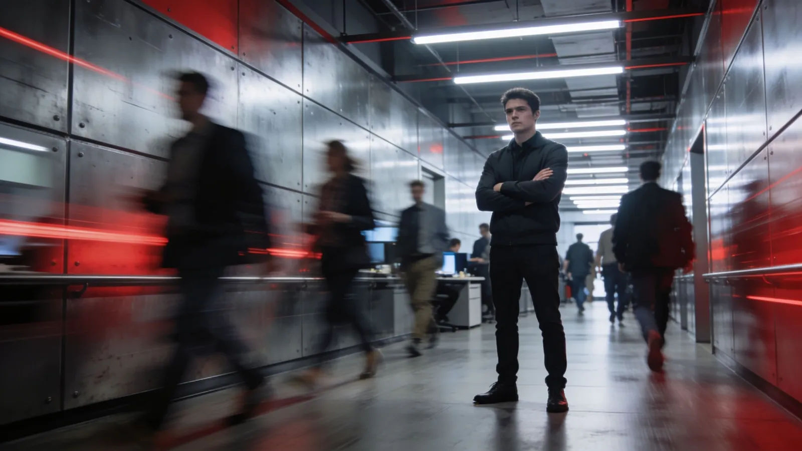 Blurred office corridor, lone figure waiting rigidly
