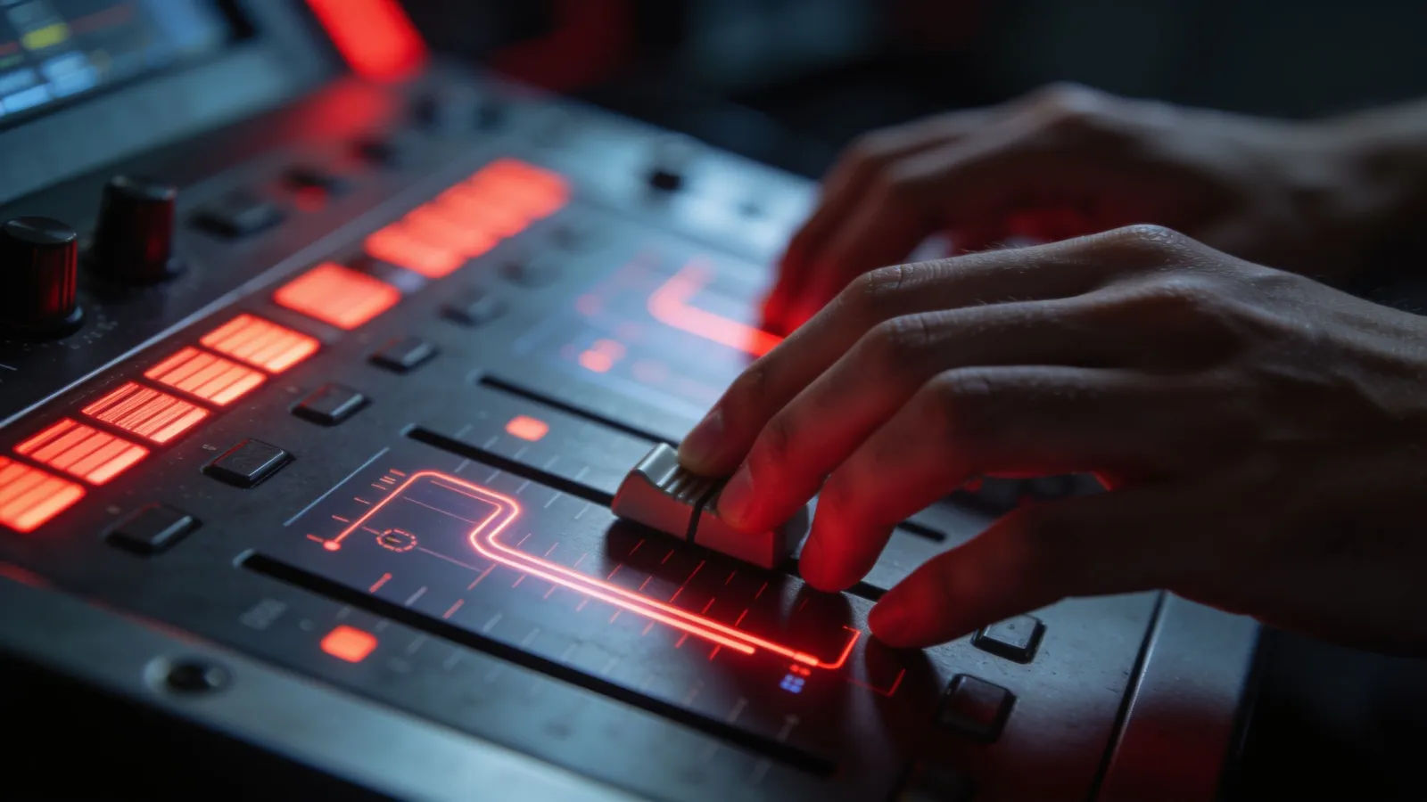 Fingers drumming beside console, steel red UI
