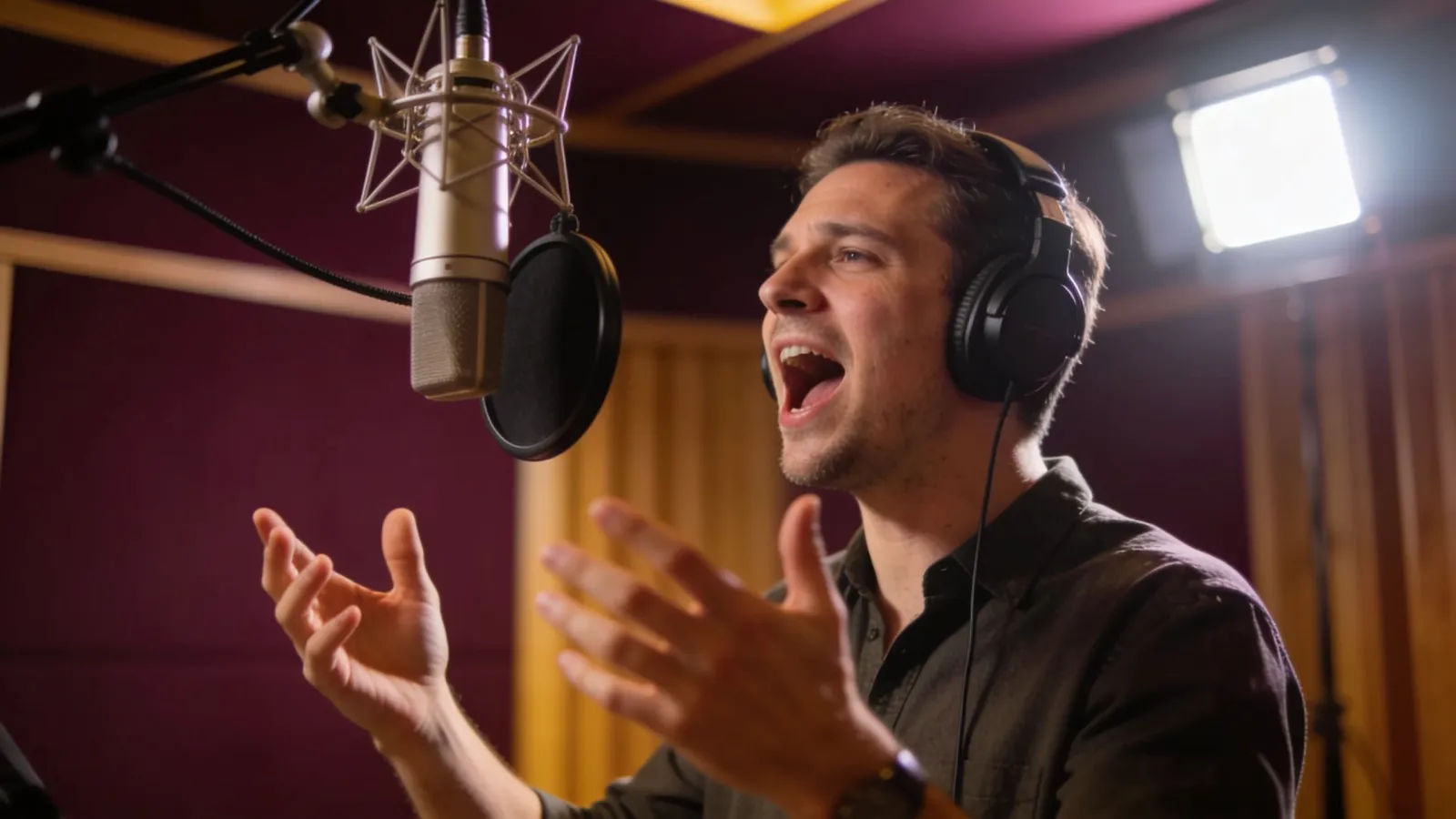 Expressive voice actor performing in a booth