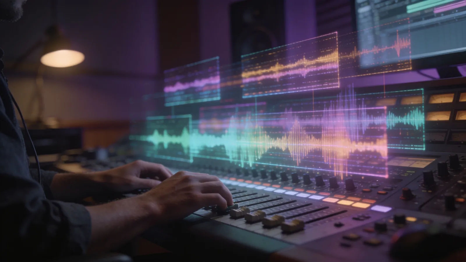 Hands at a console with vibrant multi-hue waveforms