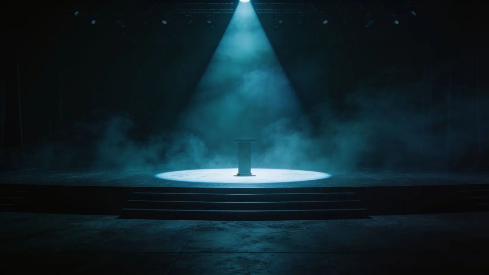 Sleek darkened keynote stage with luminous spotlight