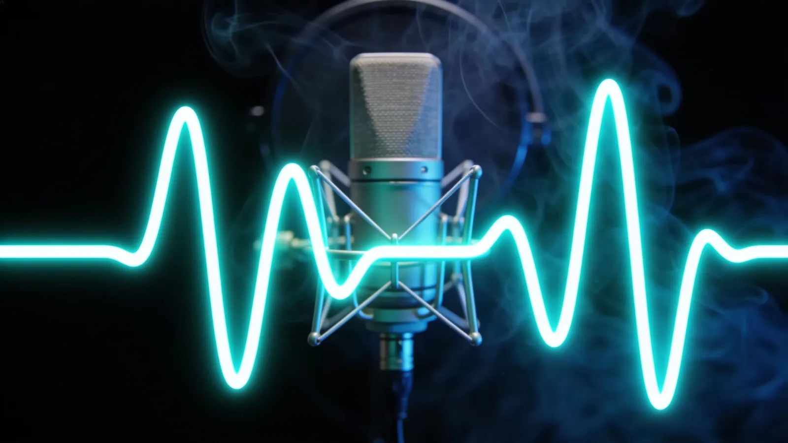 Bold luminous teal waveform with premium microphone