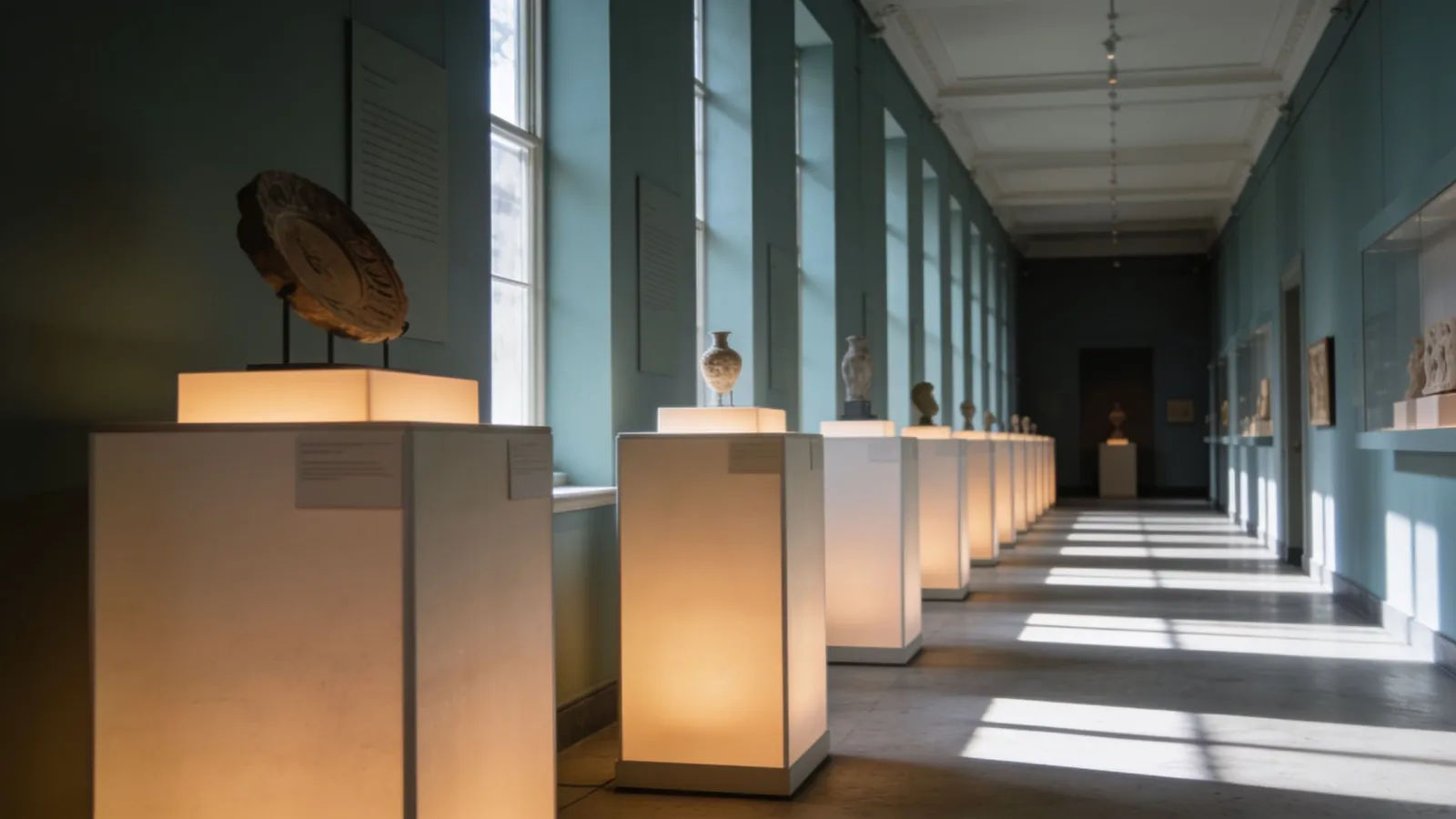Hushed museum gallery with lit plinths and sunlit hall
