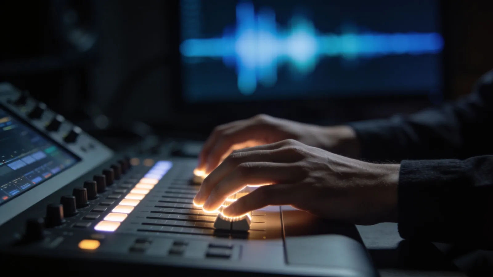 Narrators hands over studio console with cool glow