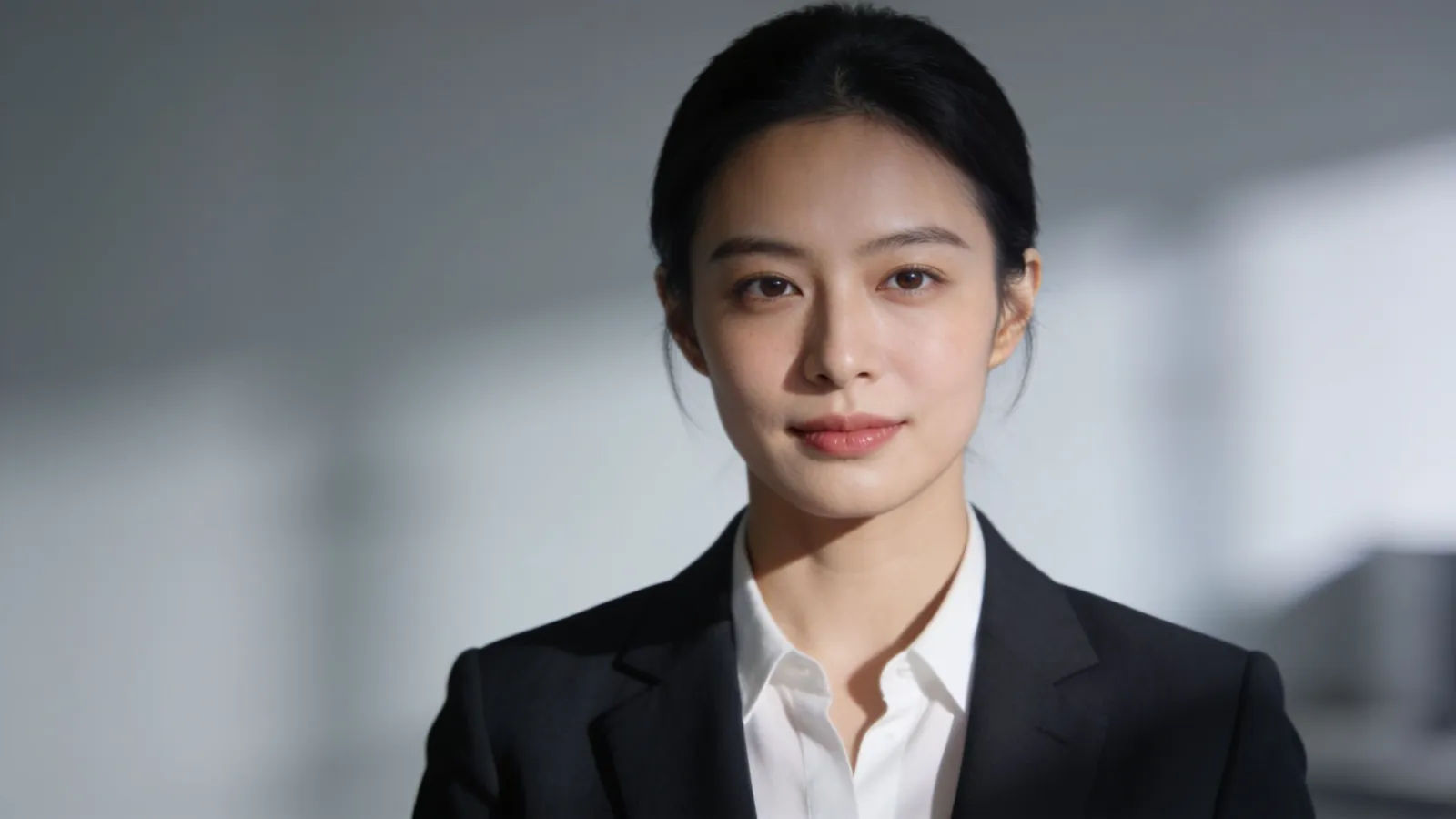 Composed professional presenter in clean cool light