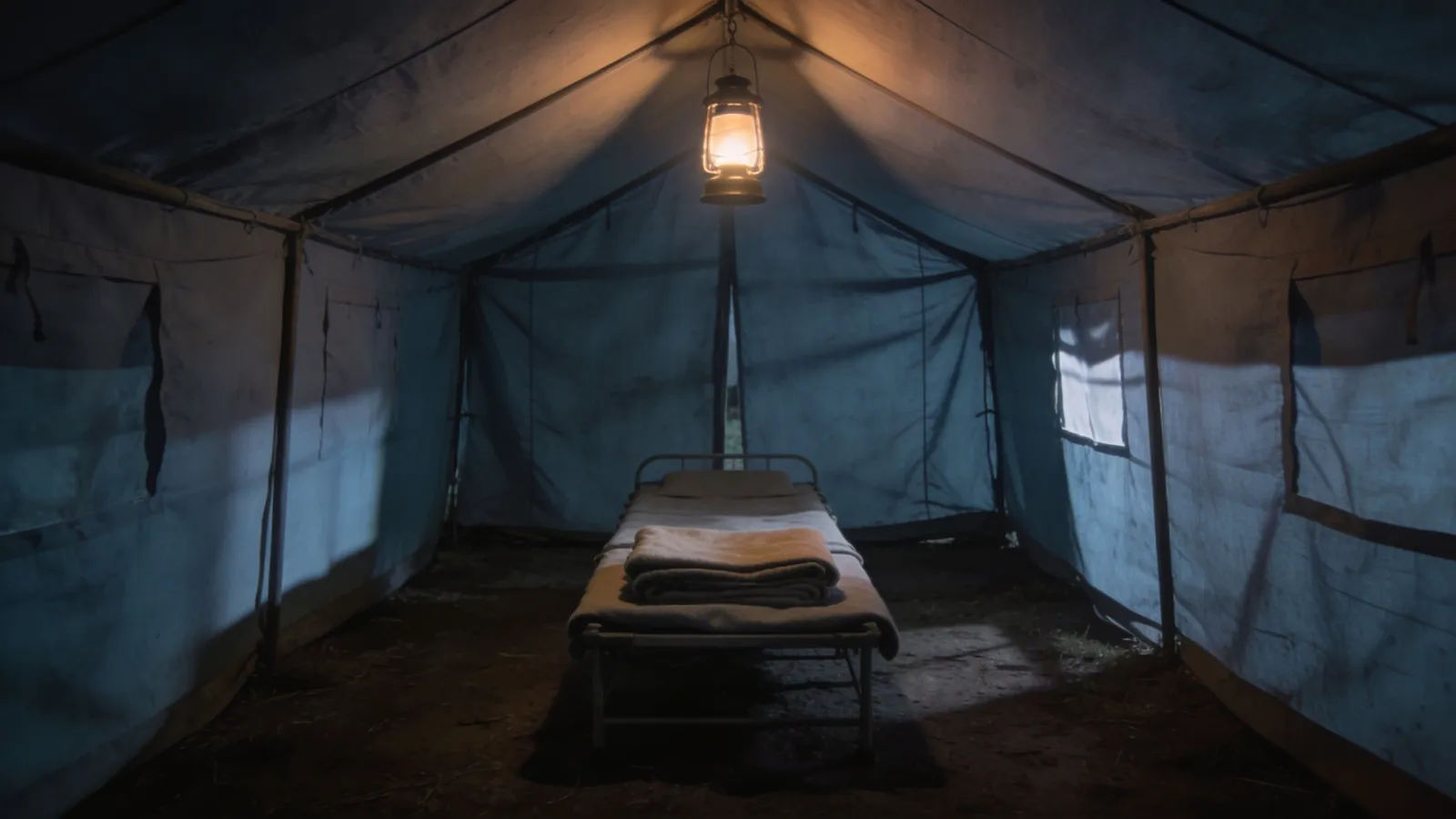 Dim quiet field-medical tent with empty cot
