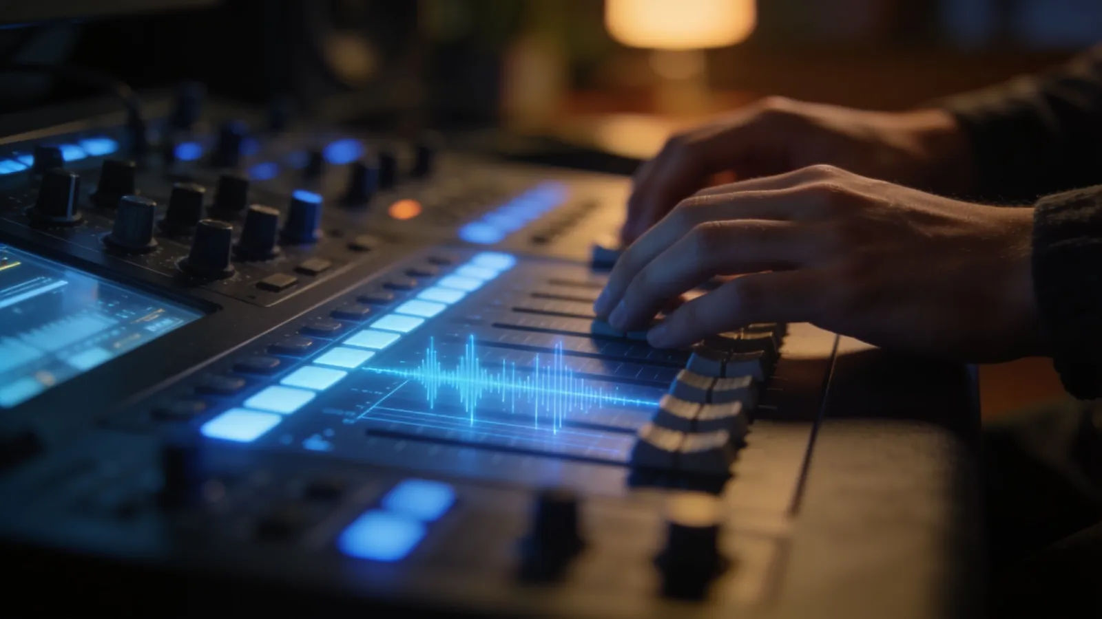 Hands at dim console with soft blue audio interface