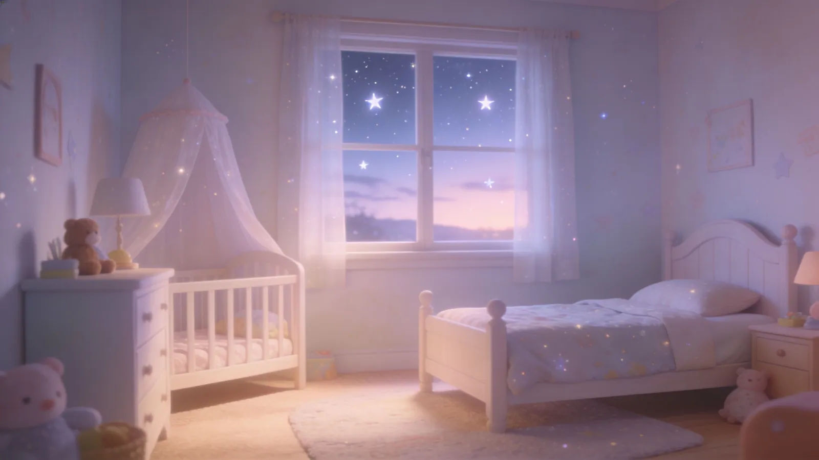 Dreamy childs bedroom with faint stars at dusk
