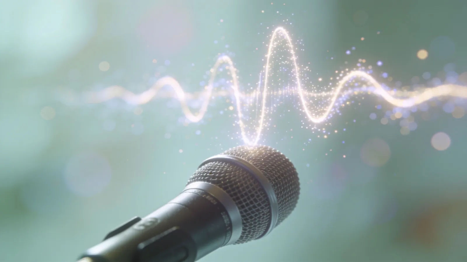 Delicate glowing waveform over a soft microphone