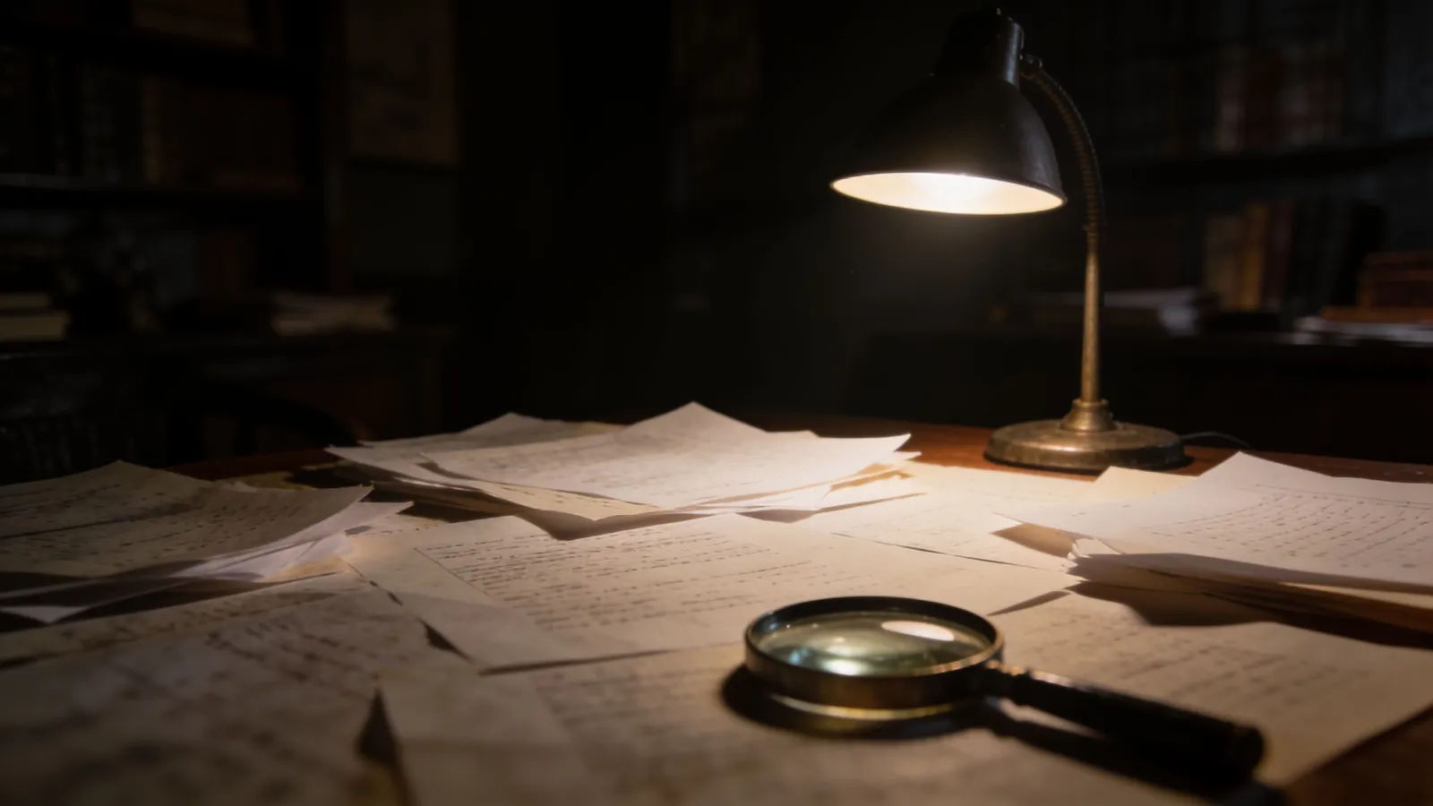 Dim study with desk lamp, papers and magnifying glass