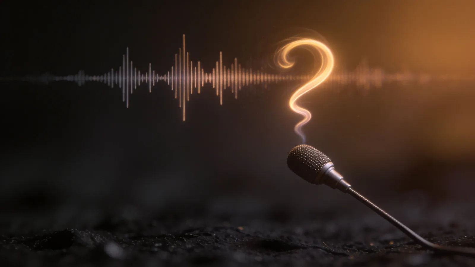 Rising amber waveform curling from a slim microphone