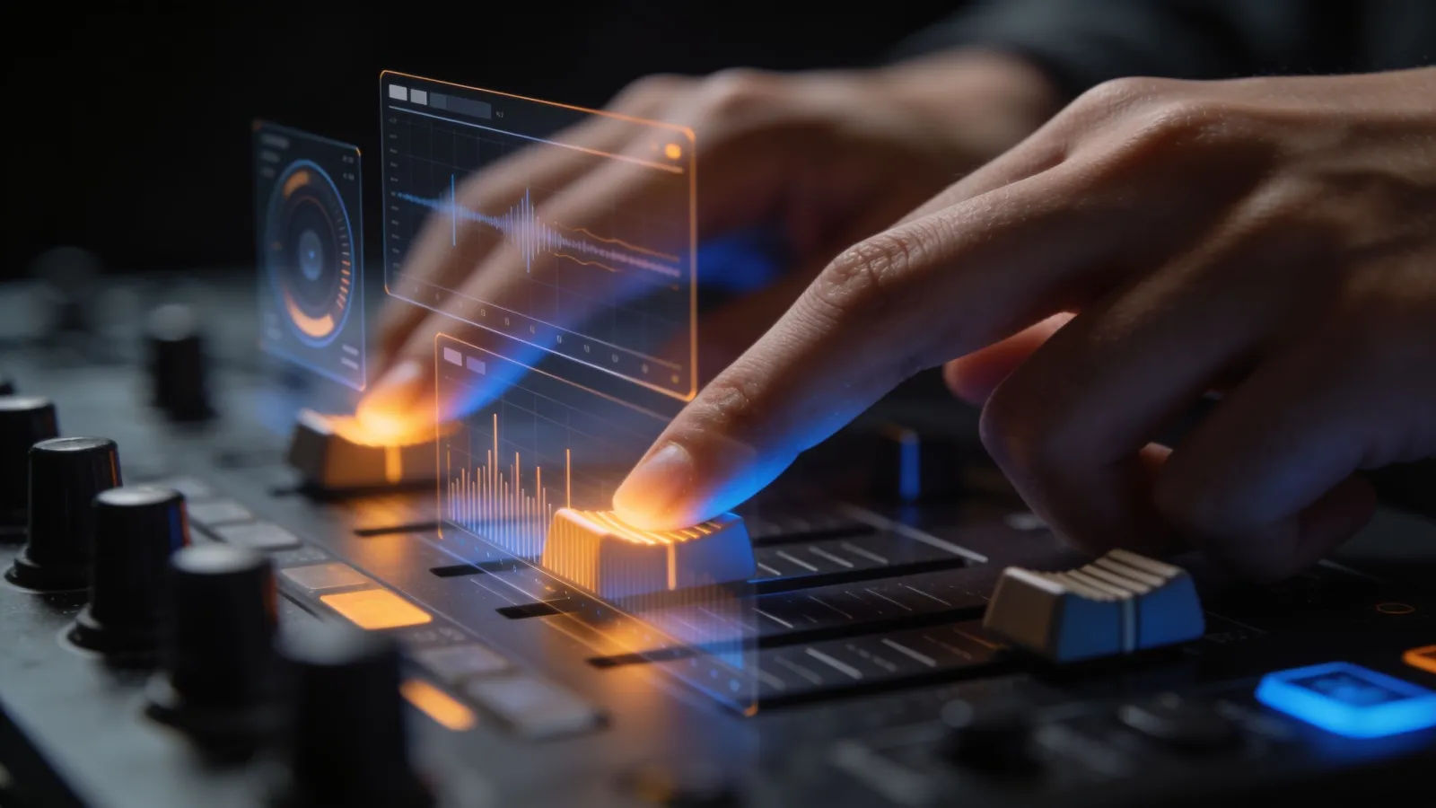Hands at a console with amber-blue audio UI