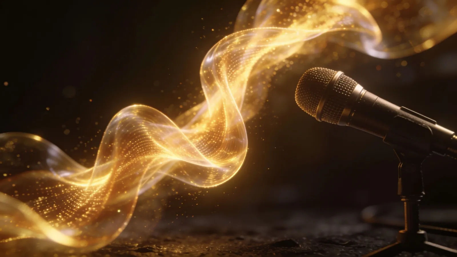 Soaring golden waveform swelling beside a microphone