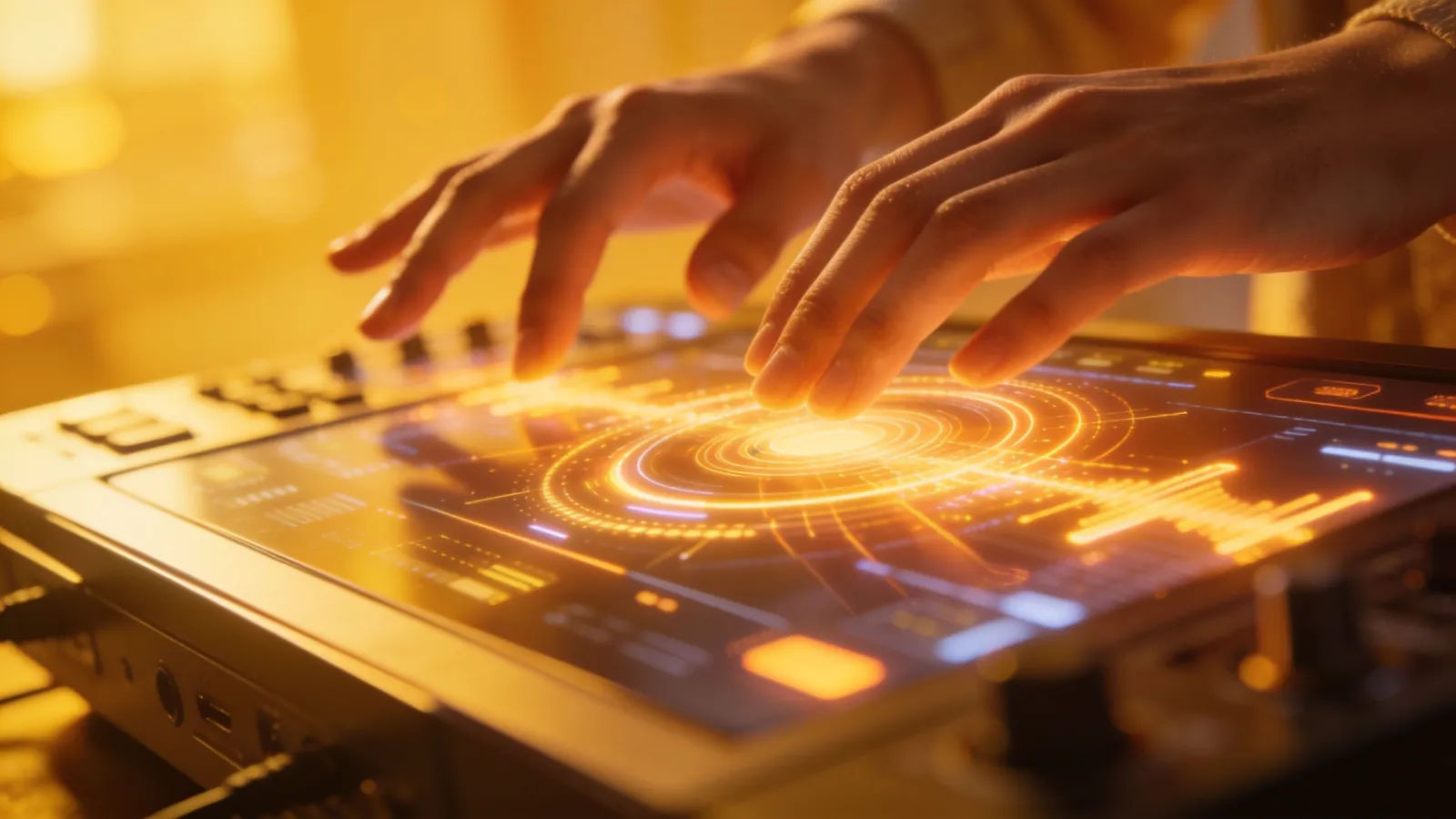 Open hands over console, warm golden UI