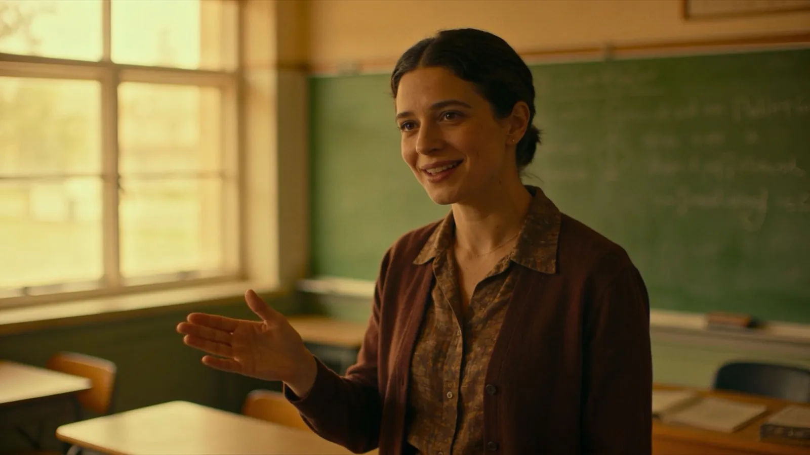 Warm teacher explaining mid-lesson, cinematic portrait