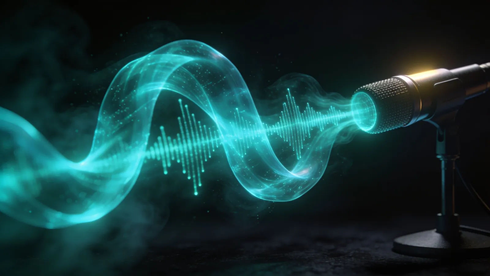 Teal waveform ribbon beside studio microphone