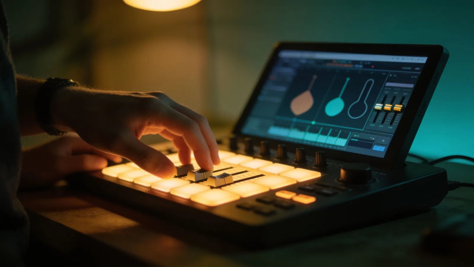 Hands at console with audio editing interface
