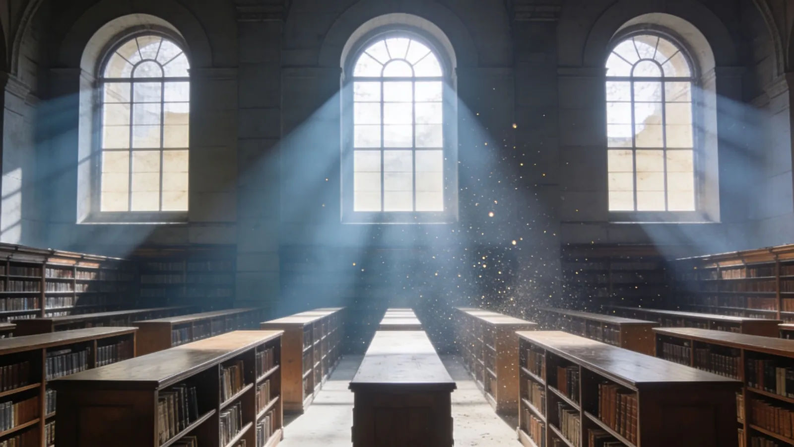 Quiet grand library reading room with light beams