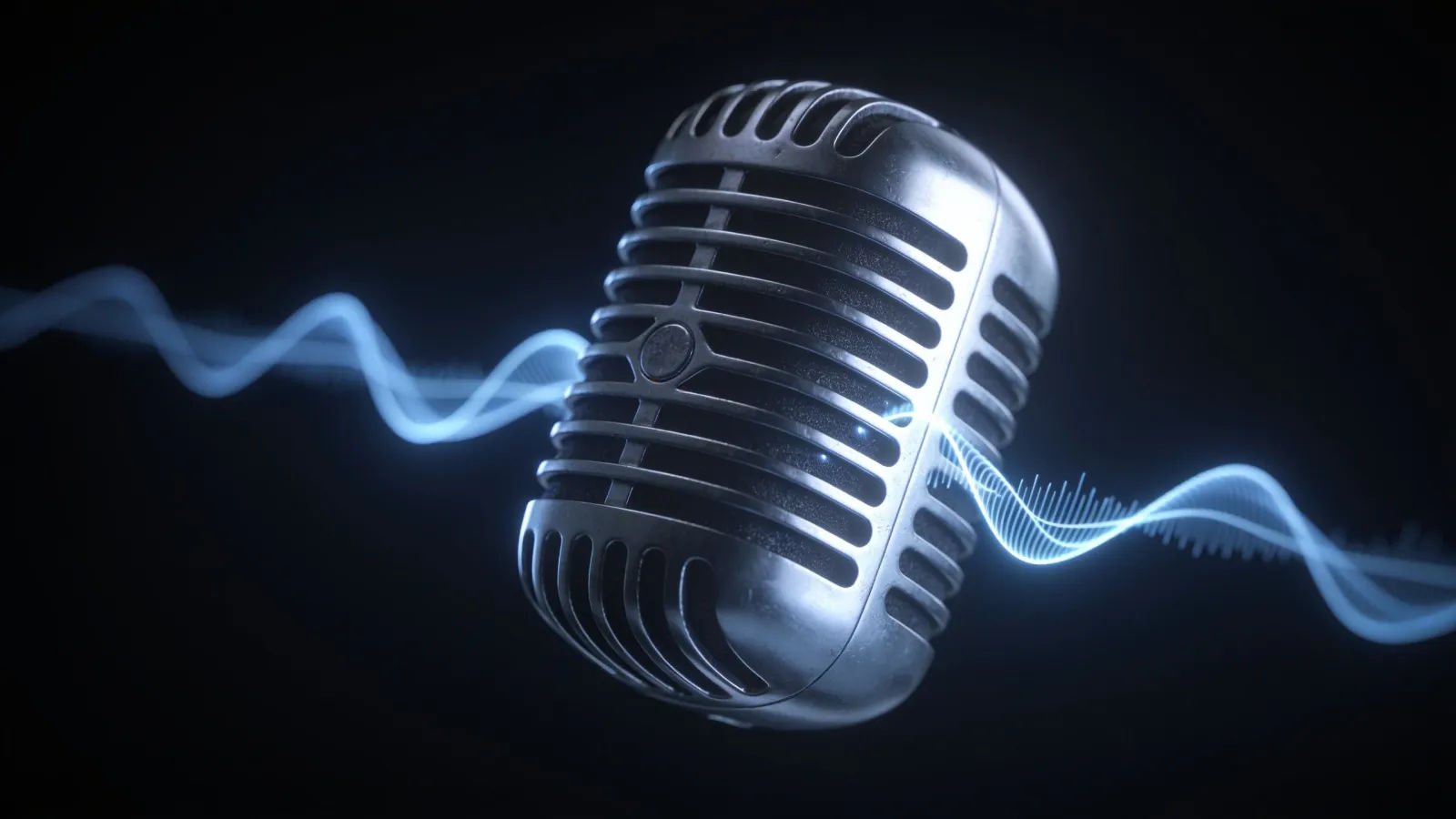 Studio microphone with glowing waveform in dark space