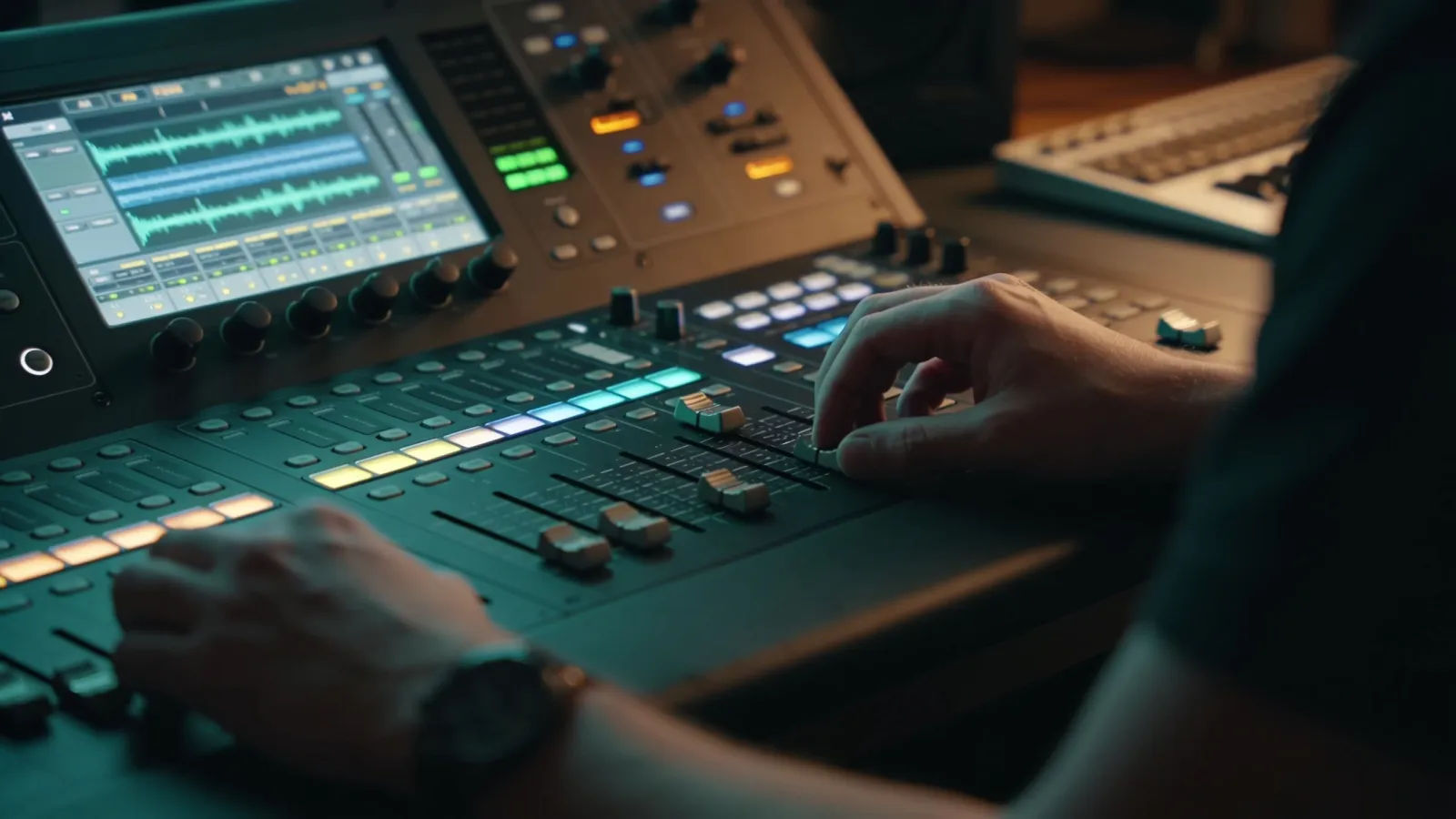 Hands at a dark console with abstract audio interface