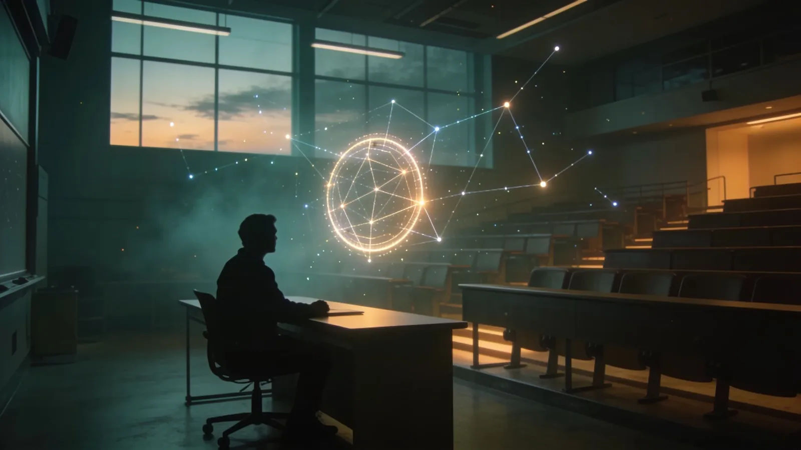 Dim lecture hall with floating glowing geometric diagrams