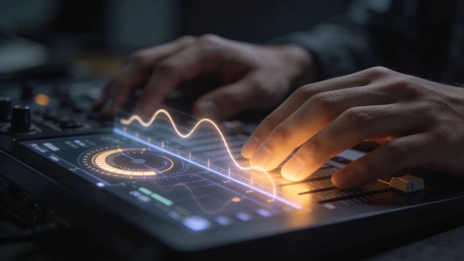 Hands at console with luminous audio interface