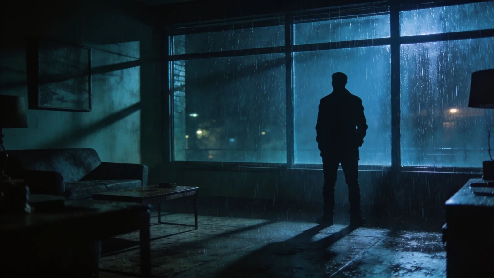 Noir thriller interior, lone silhouette in cold light