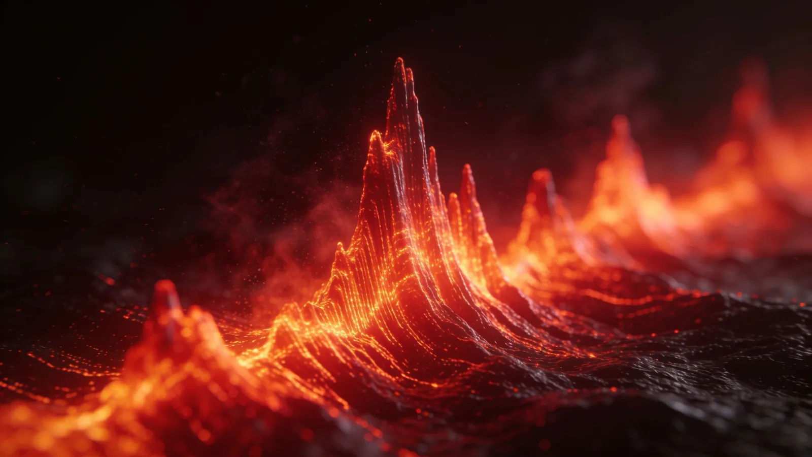 Glowing red-orange audio waveform surging in darkness