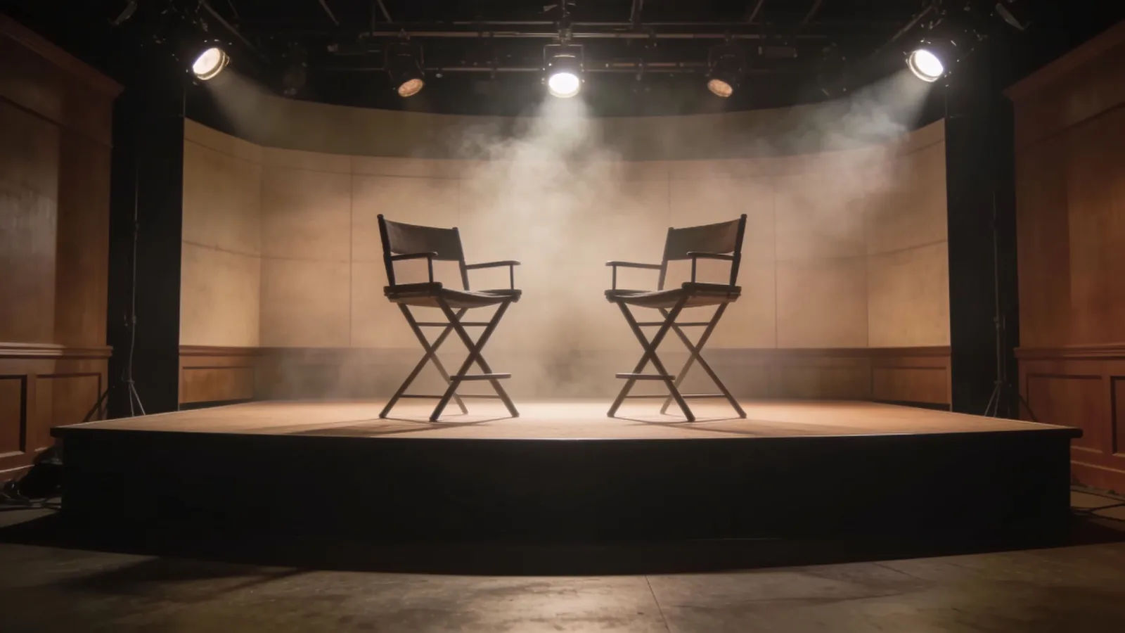 Dim intimate talk-show studio set with two empty chairs