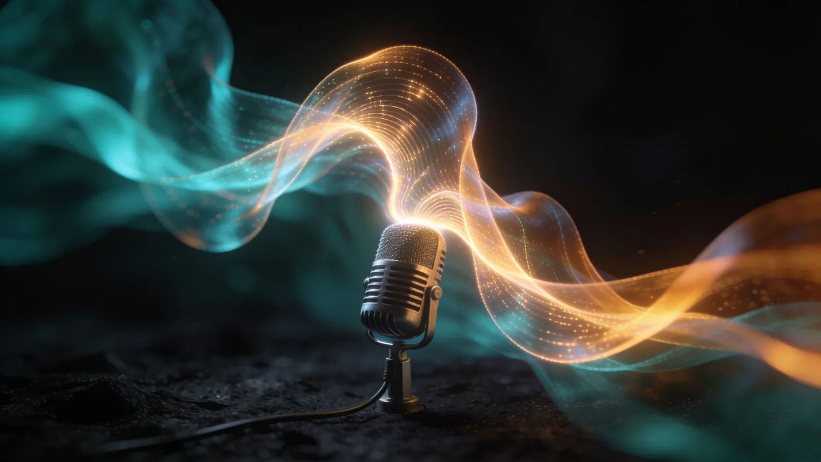 Glowing waveform rising from a studio condenser microphone