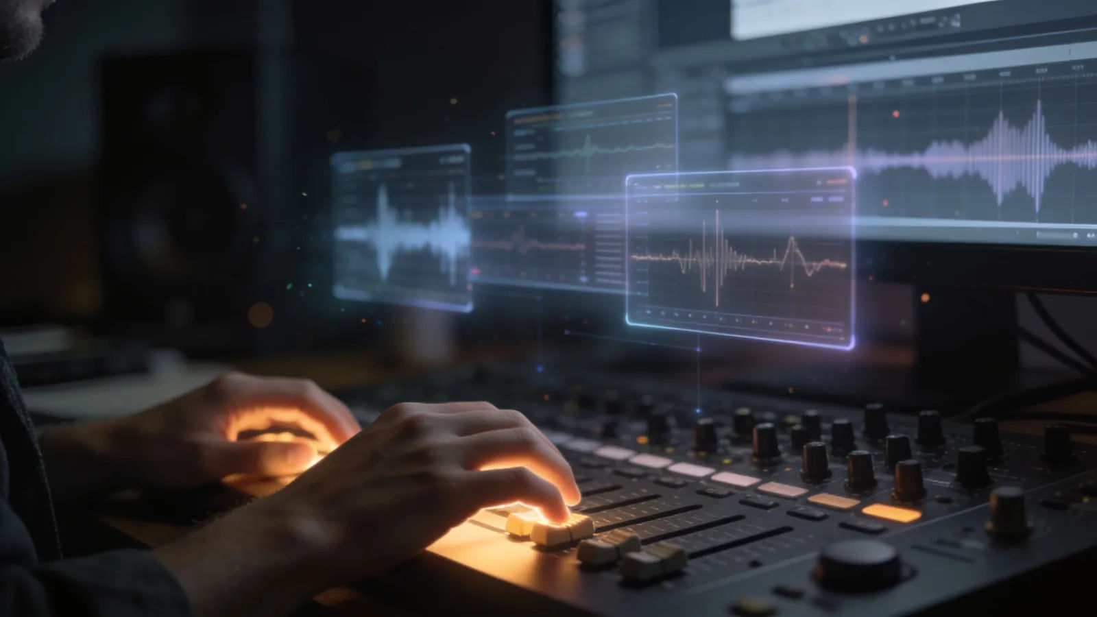 Hands at a console with floating audio UI panels