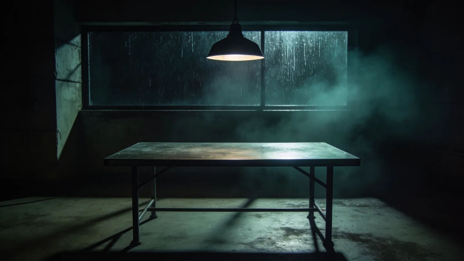 Dim noir interrogation room with lamp