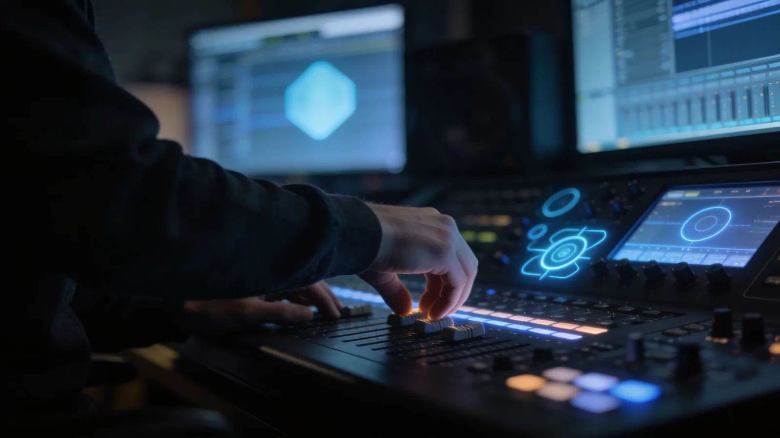 Hands at dark audio console, blue interface