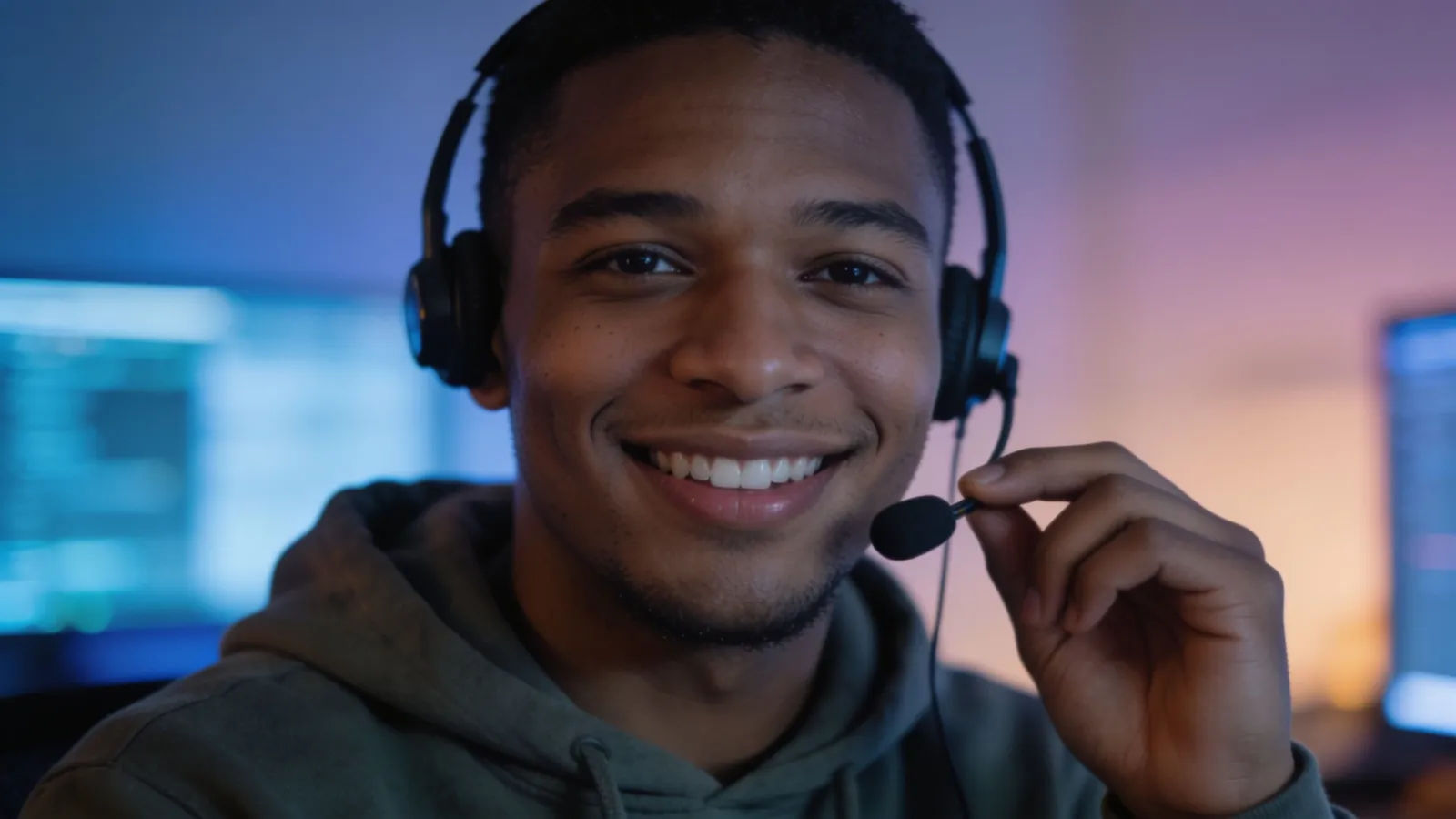 Friendly tech-support figure in hoodie, screen glow