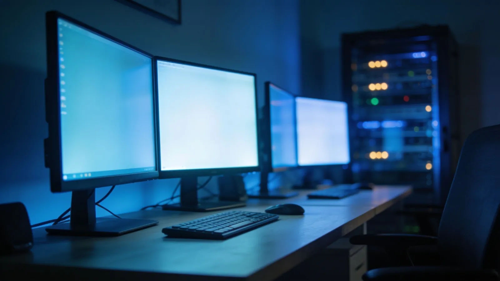 Tidy home office with glowing monitors, cool blue mood