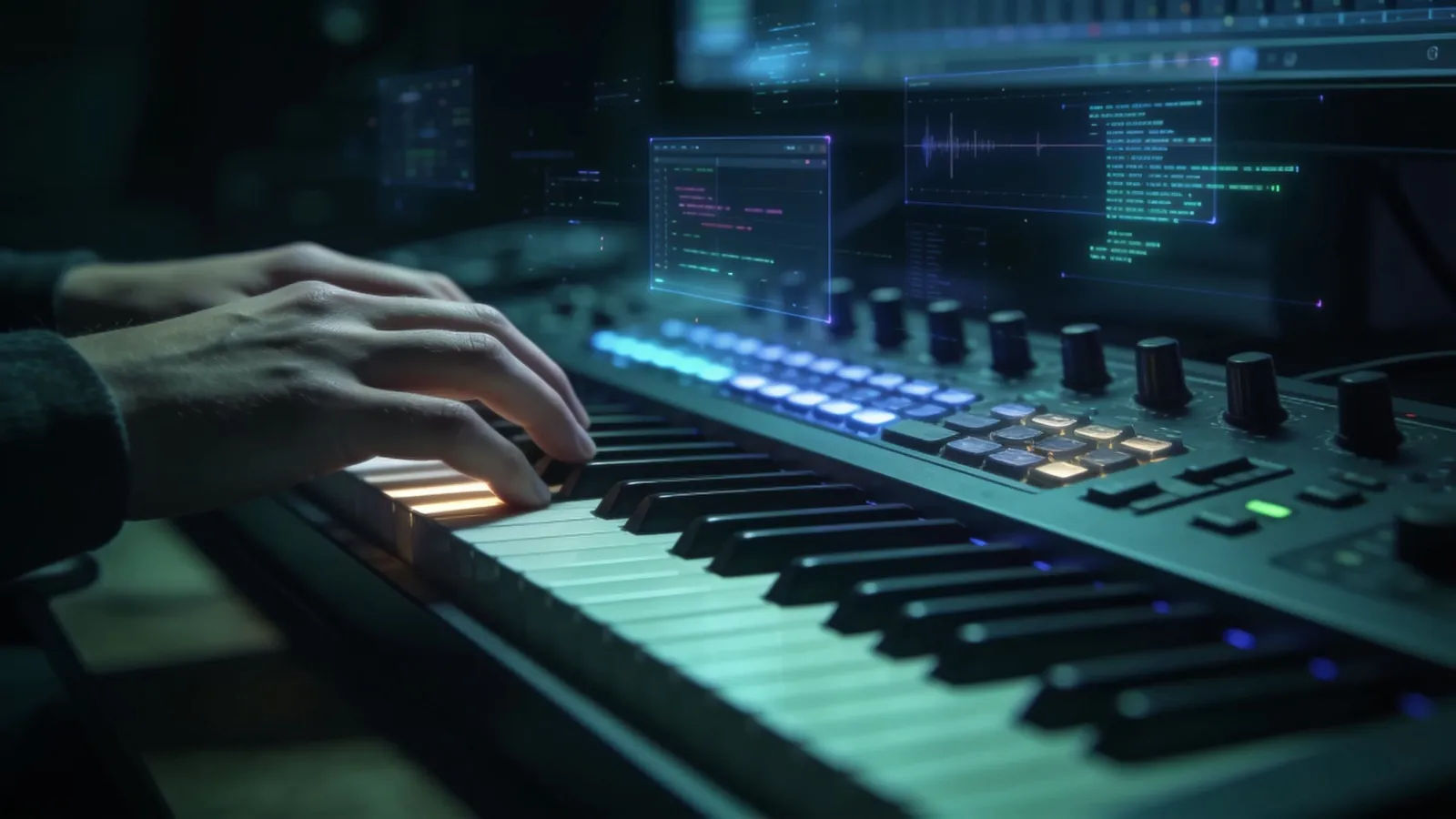 Hands at backlit keyboard with floating audio and code glow