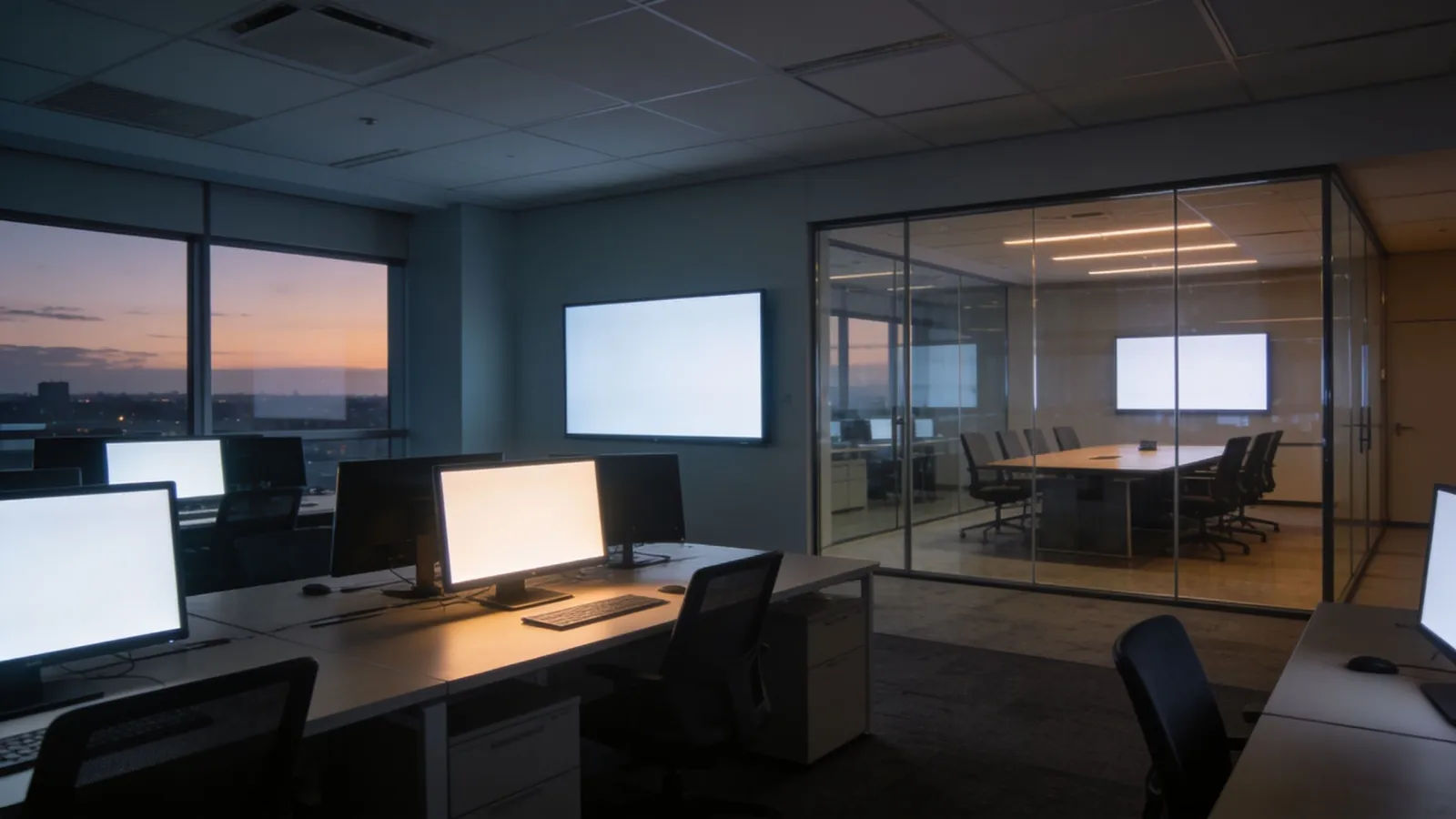 Clean modern business office at dusk