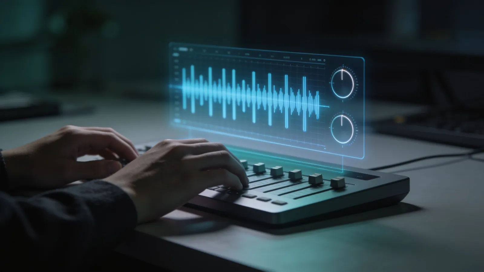 Hands at a clean console with blue audio interface