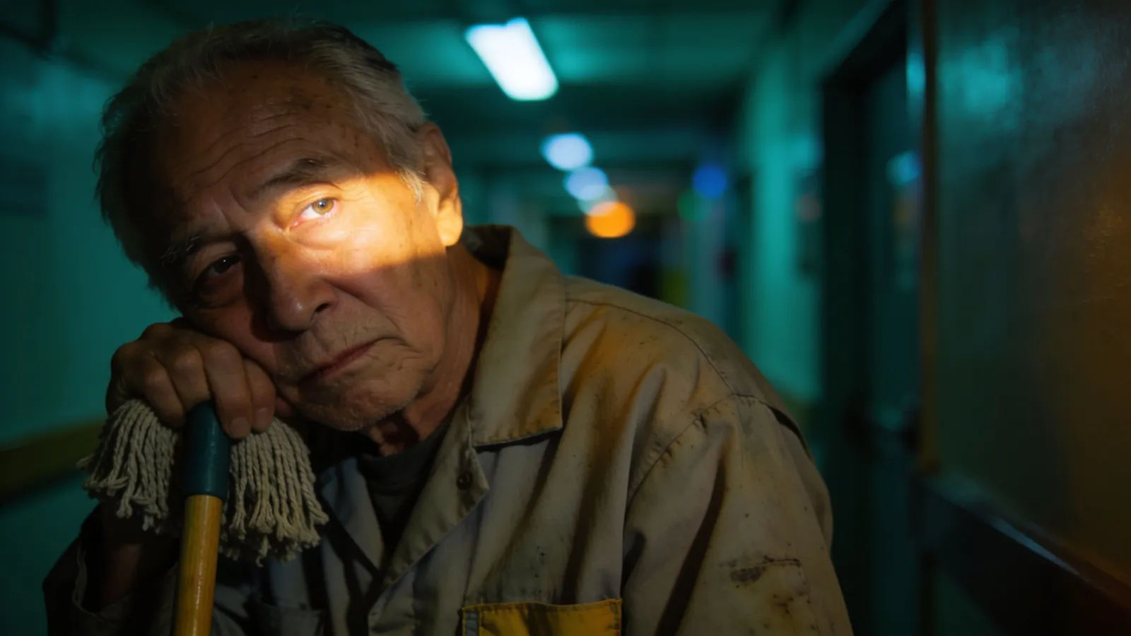 Weary night-shift custodian leaning on a mop